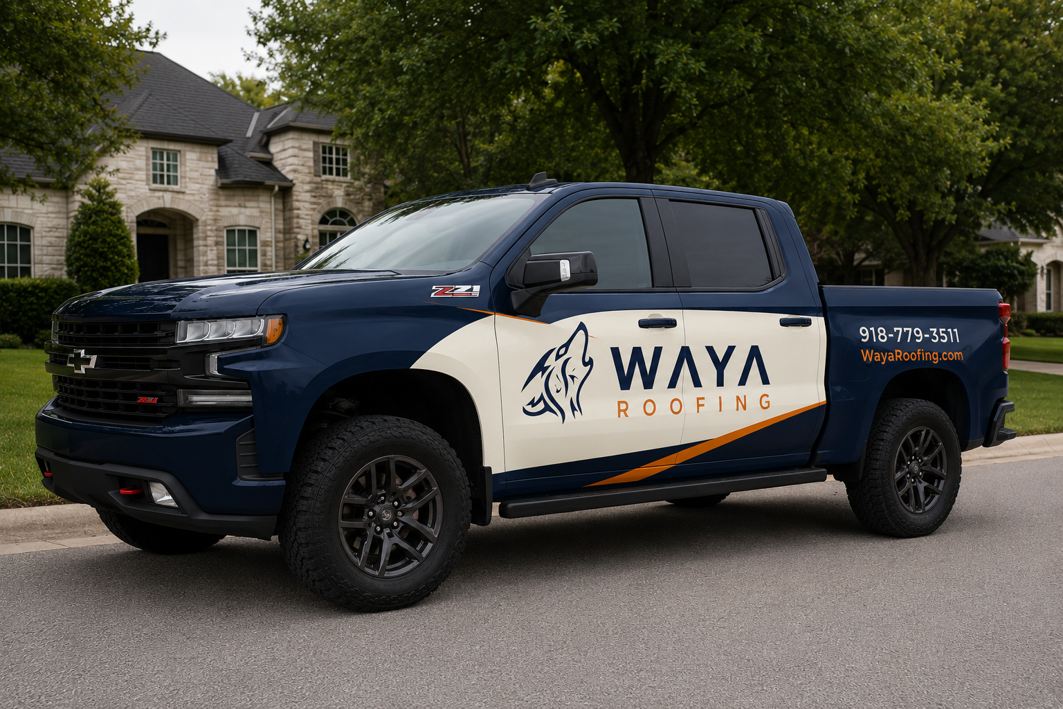 Waya Roofing service truck in a Tulsa neighborhood